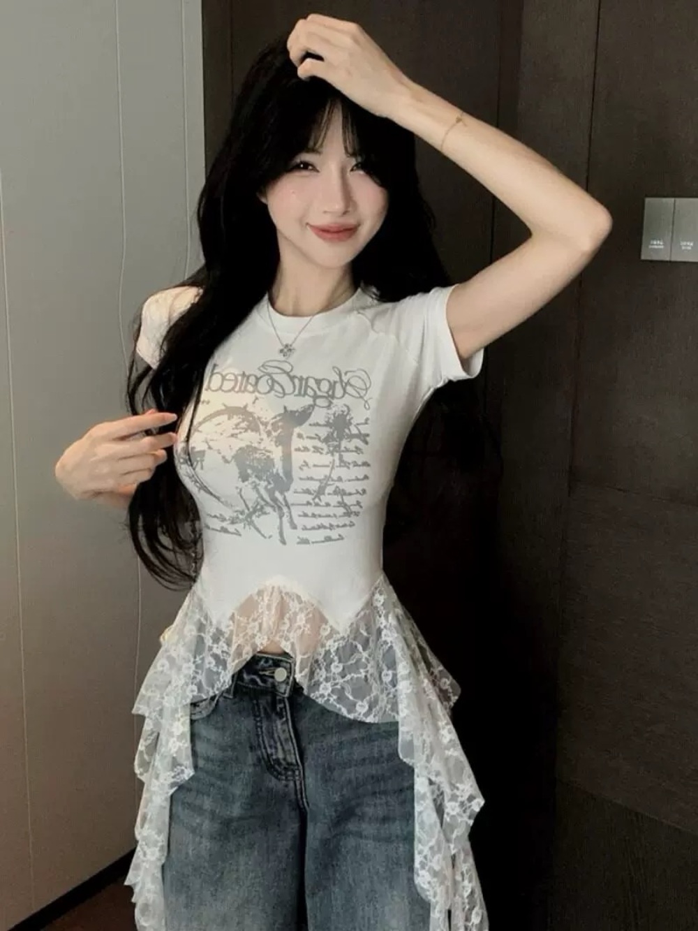 White Lace-Hem Graphic Tee - Picture 2 of 6